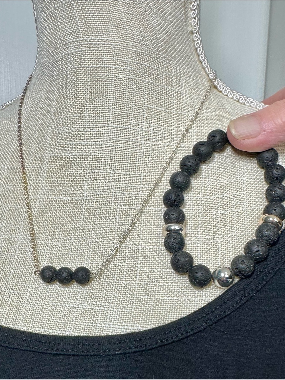 Black Lava Stone Bead and Silver Necklace and Bracelet Set Young Living